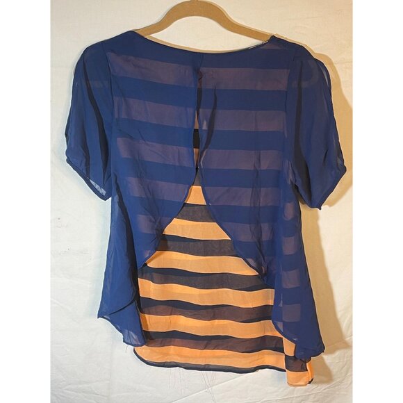 layered short sleeve shirt sheer striped blue orange medium length 32" READ - Picture 2 of 10